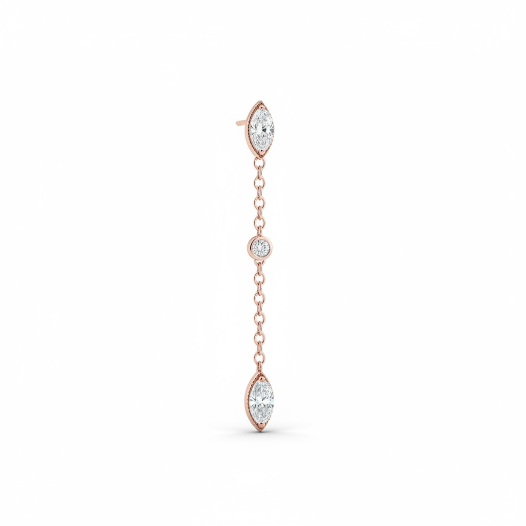 Rose gold earring with clear gemstones on a white background